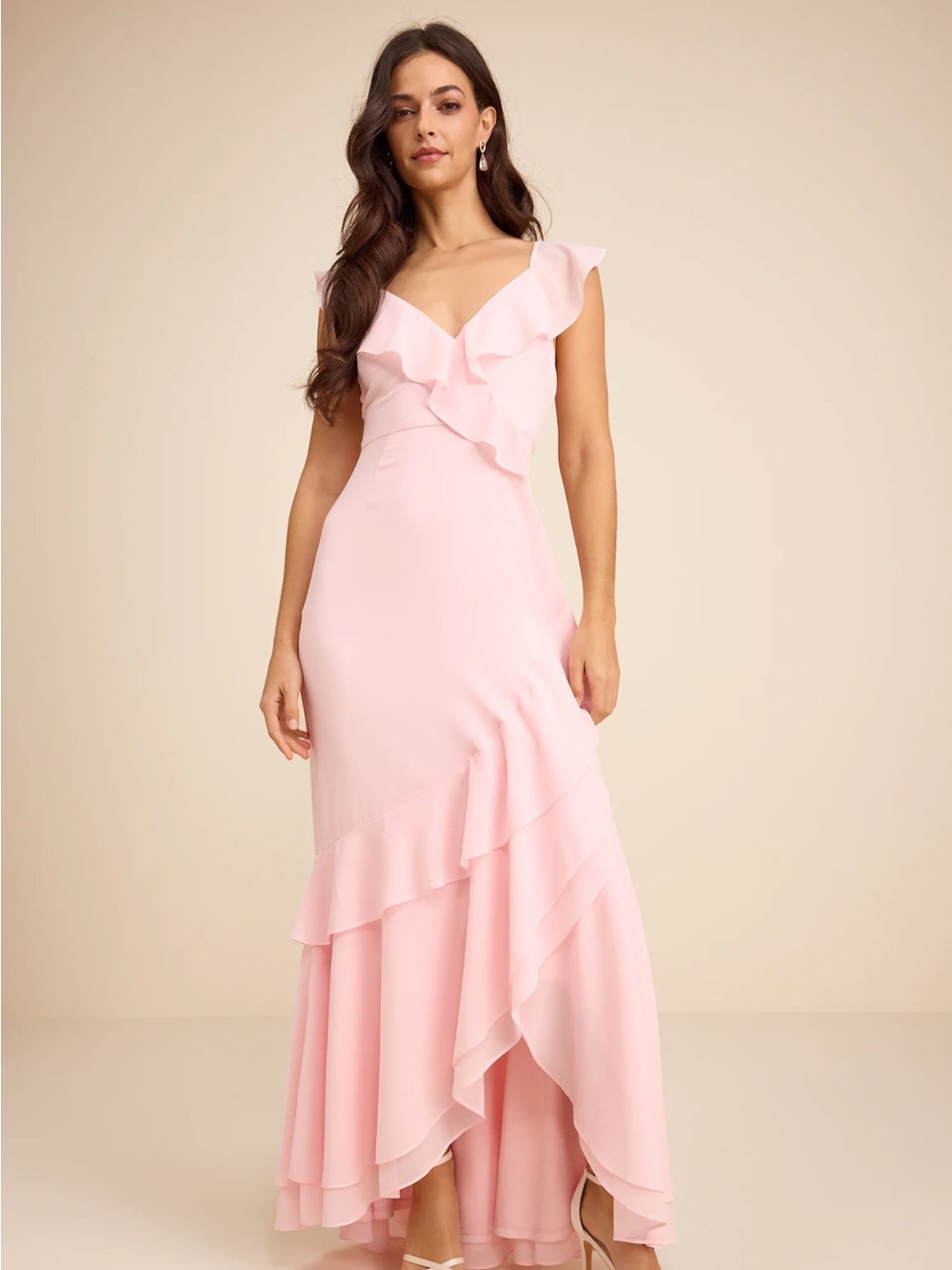 Lulu's Blush Pink Ruffle V-Neck Maxi Dress